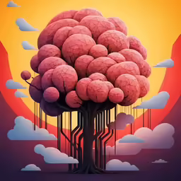 a surreal, multicolored tree is under a sunset