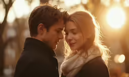 man and woman standing close together in park at sunset