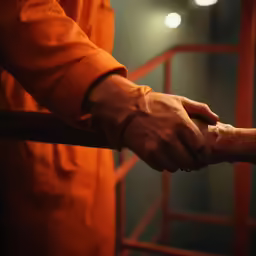 two hands holding each other over railing of building