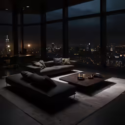 the living room in front of large windows is lit up