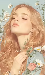 a woman with long red hair in front of a field of flowers