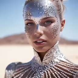 a young blonde girl is dressed in all silver