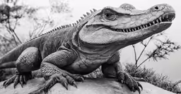 black and white image of an iguad lizard