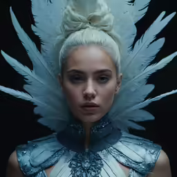 a woman with white hair wearing armor and wings