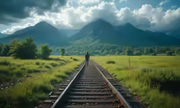 the train tracks lead up to a mountain landscape