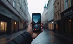 person holding up a phone on a city street