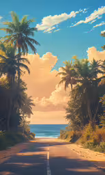a street that has a bunch of palm trees lining the road,a beautiful view of the sky and some trees along the beach