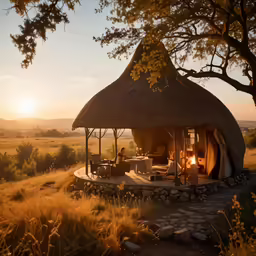 a small hut set up in the middle of a field