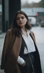 woman standing in the rain with jacket open wearing black slacks and holding a brown purse