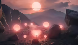 several small light bulbs in the sand at sunset