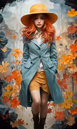 a painting of a woman in the rain, wearing a hat