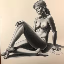 this is a drawing of a girl sitting on the floor,a drawing of a nude female sitting on the ground
