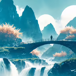 a man standing on a bridge over a waterfall under cloudy skies