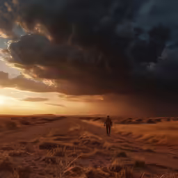 a person walking across the sand towards the sun set