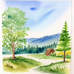there is a painting of a house by the woods