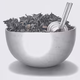 a white bowl containing some silver objects and silver spoons