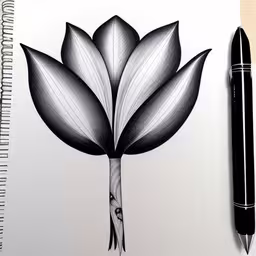 a drawing of a large leaf shaped flower with a black pen next to it,drawing of a flower and pen on top of a notebook