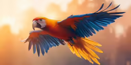 a bird with blue and orange feathers is flying through the air