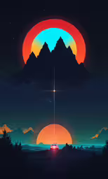 a computer generated illustration of the space between mountains,a colorful landscape is featured in this retro - styled poster