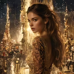 a woman with long hair and gold dress in a city at night