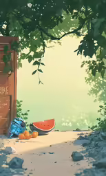 a crate of water and fruit lay on ground