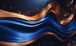 an image of abstract blue and gold wave,an artistic, gold and blue swirl background in a dark lit room