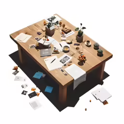 an arrangement of various items that include books, papers, pots and candles