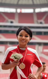 a woman holding flowers and medal standing on a track