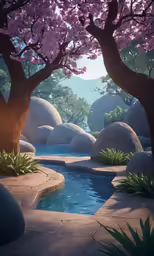 a virtual landscape, with trees and boulders surrounding a pool