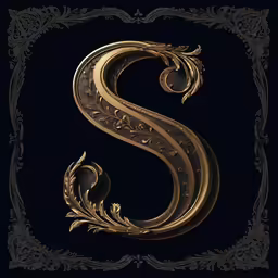 the letter s in gold, with an intricate scroll