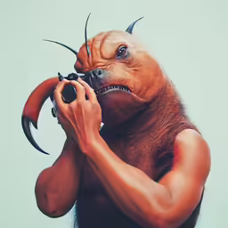 an ugly, creature is holding a digital camera