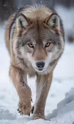 a wolf running through the snow in his zoo enclosure