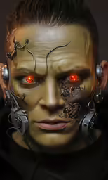 a close up shot of a man with his head painted orange and two gears attached to it