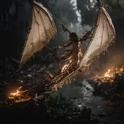 the demon is riding the boat and wielding a staff