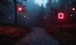 red lights are shining on the trees, and there is an empty path