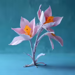 a vase filled with pink flowers on top of a blue table