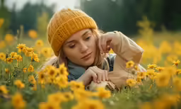 a woman in a yellow hat laying on the ground