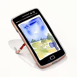 a drawing shows an open cell phone next to a marker and pencil,a black and brown phone is open and with a picture on the screen