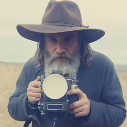 a man with long white hair and a beard is holding a camera in his hands