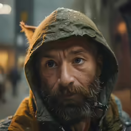 this man is wearing an army hat and looking into the camera
