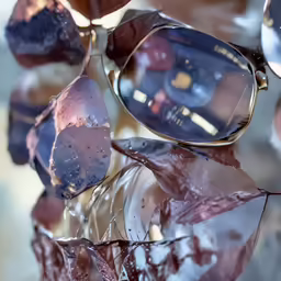 glasses displayed in glass with large leaves