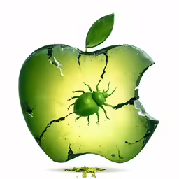 a green apple with its leaf sprouting out of it