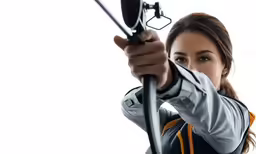 a woman holding a gun in one hand and aiming it at the camera