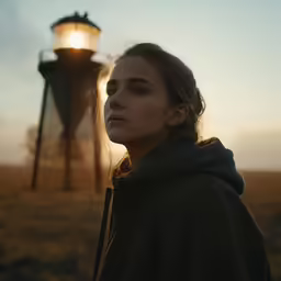 a girl standing in front of a lighthouse