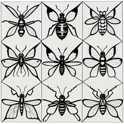 a bunch of bees on a square tile,nine different bees, each with four different kinds