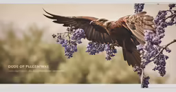 a bird landing on a flowering branch next to a bush
