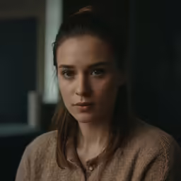 a woman is looking into the camera with a serious look on her face