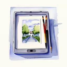 the painting has been displayed on top of the picture,a painting of trees and a road in watercolor