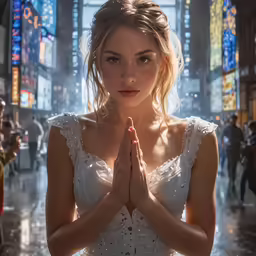 the woman is holding her hands together and making a heart