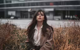a woman wearing a brown blazer and white shirt is sitting in the middle of some tall grass